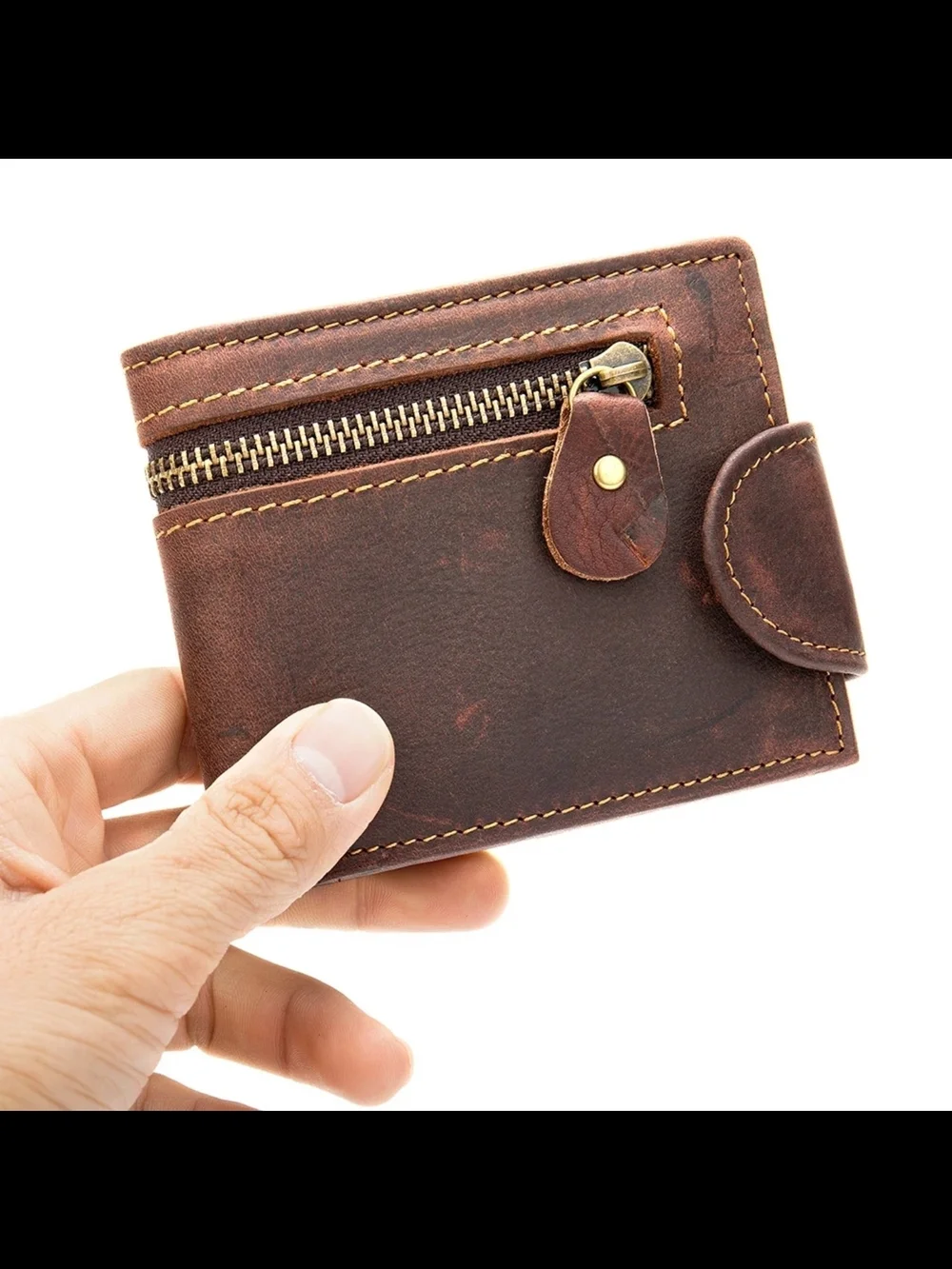 Vintage Brown Leather Men’s Wallet with Zipper Coin Pocket
